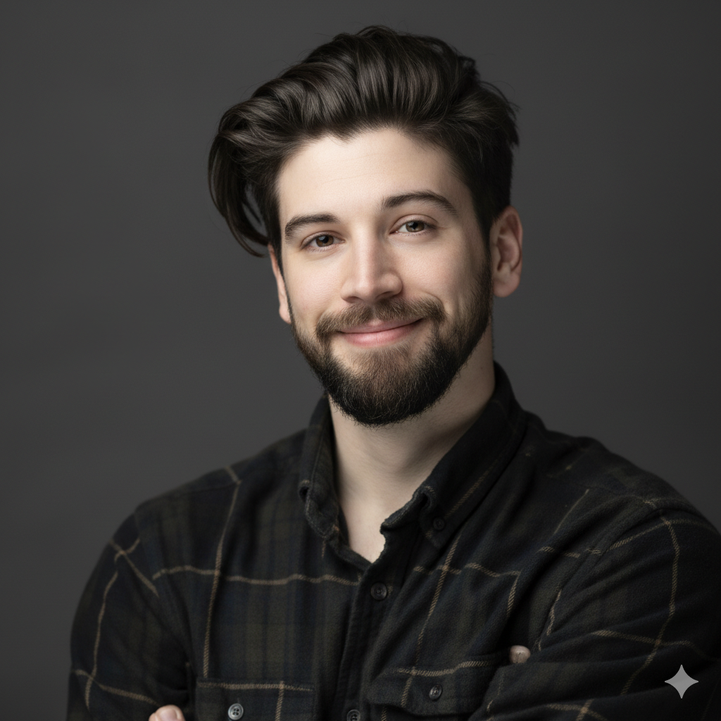 Man with dark hair and beard smiles, arms crossed, wearing a black and brown plaid shirt against a gray backdrop.