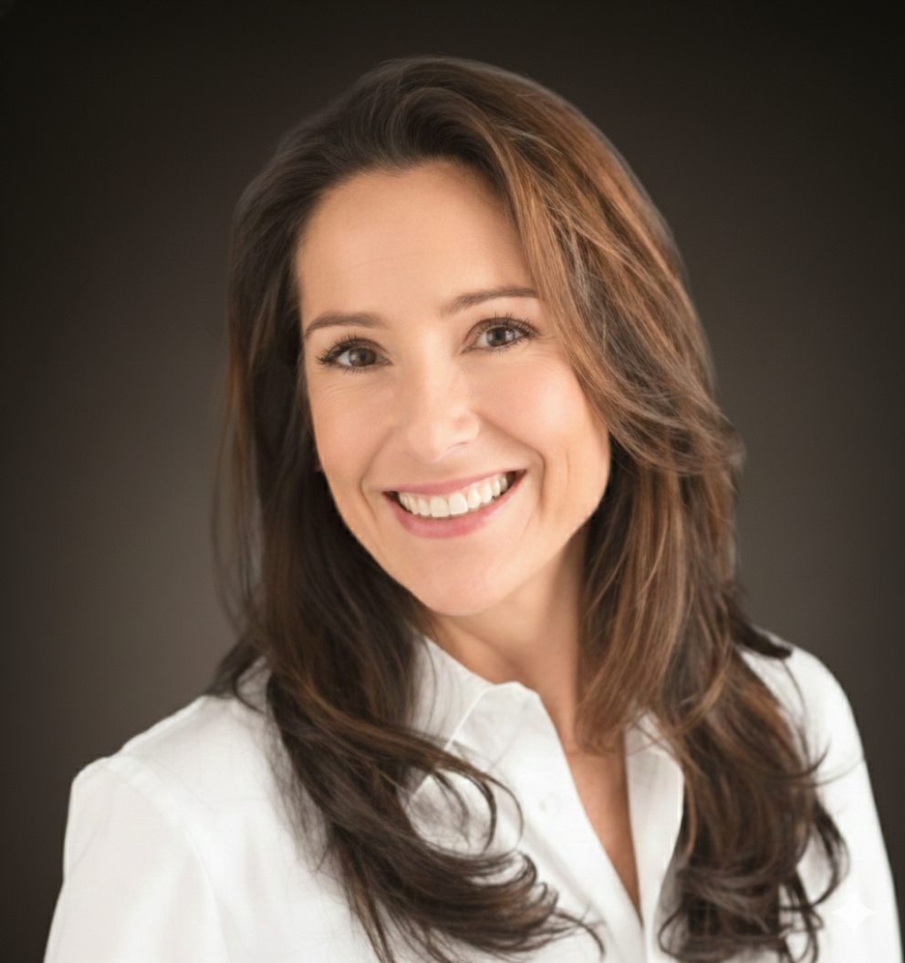 Woman with long brown hair, smiling, wearing a white shirt, against a dark background.