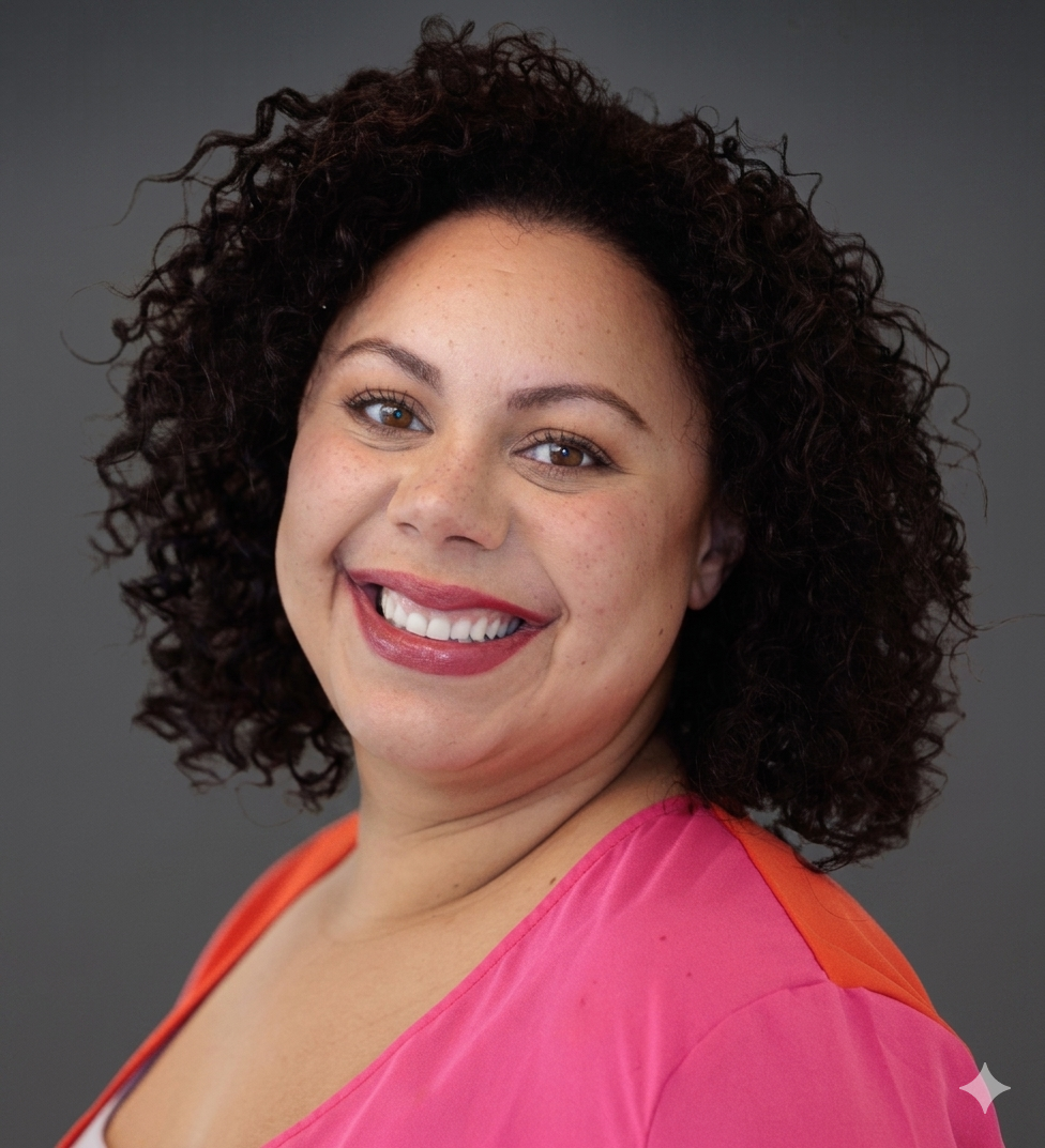 Man in white shirt touches his head, smiling at the camera, against a dark background.