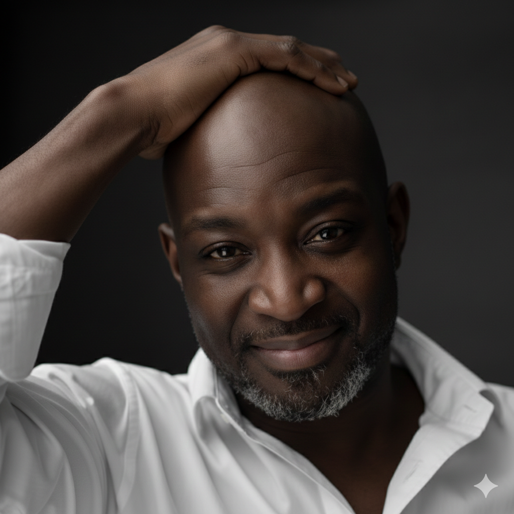 Man in white shirt touches his head, smiling at the camera, against a dark background.