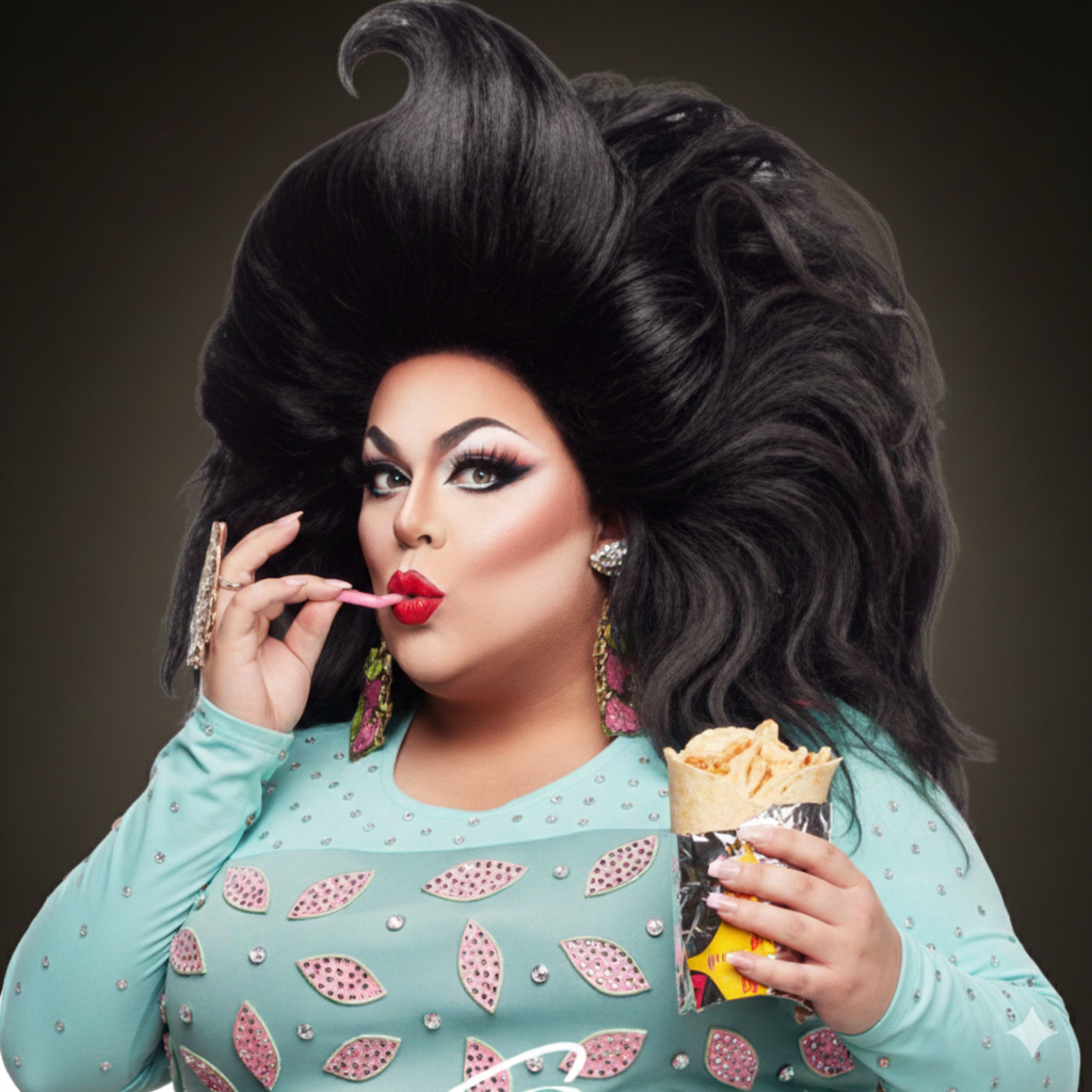 Drag queen with large black hair and heavy makeup eats a burrito, pink lips.
