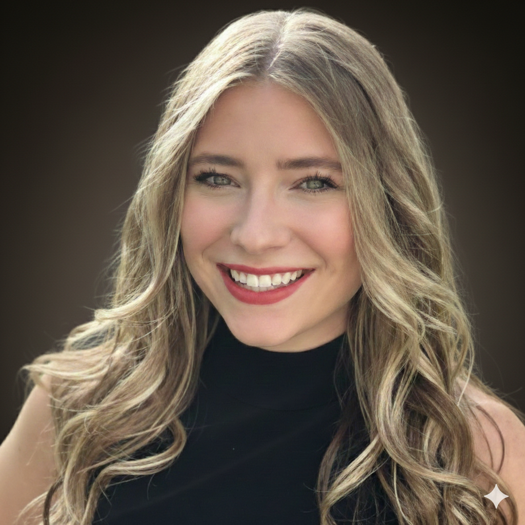 Woman with long blonde hair smiles, wearing a black top, against a brown background.