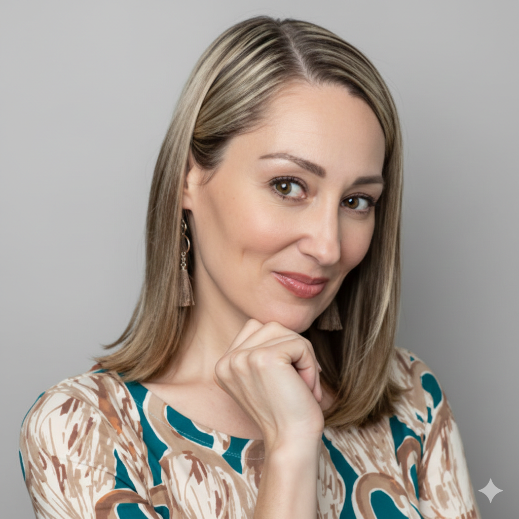 Woman with blonde hair, smiling, resting chin on hand. Wearing patterned dress, neutral background.