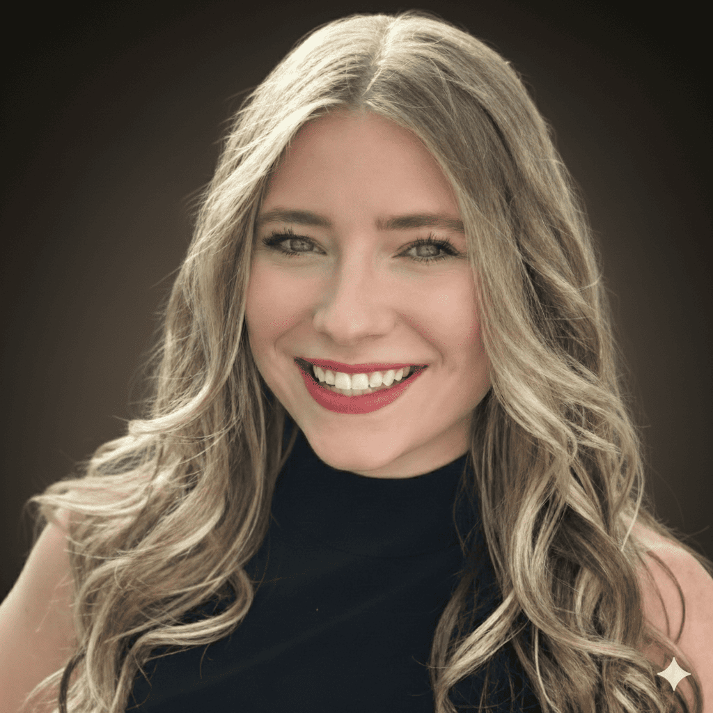 Woman with long blonde hair smiles, wearing a black top, against a brown background.