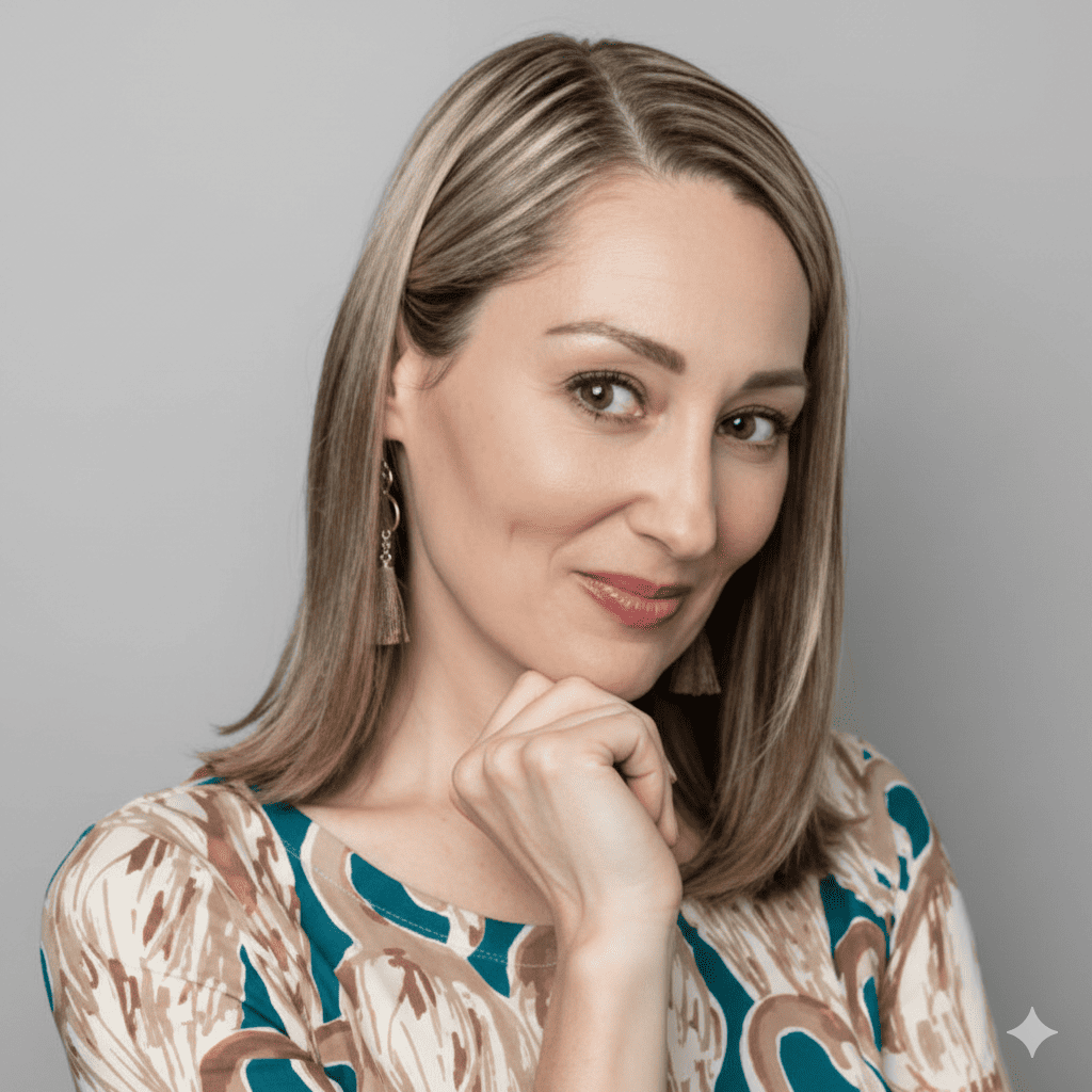 Woman with blonde hair, smiling, resting chin on hand. Wearing patterned dress, neutral background.