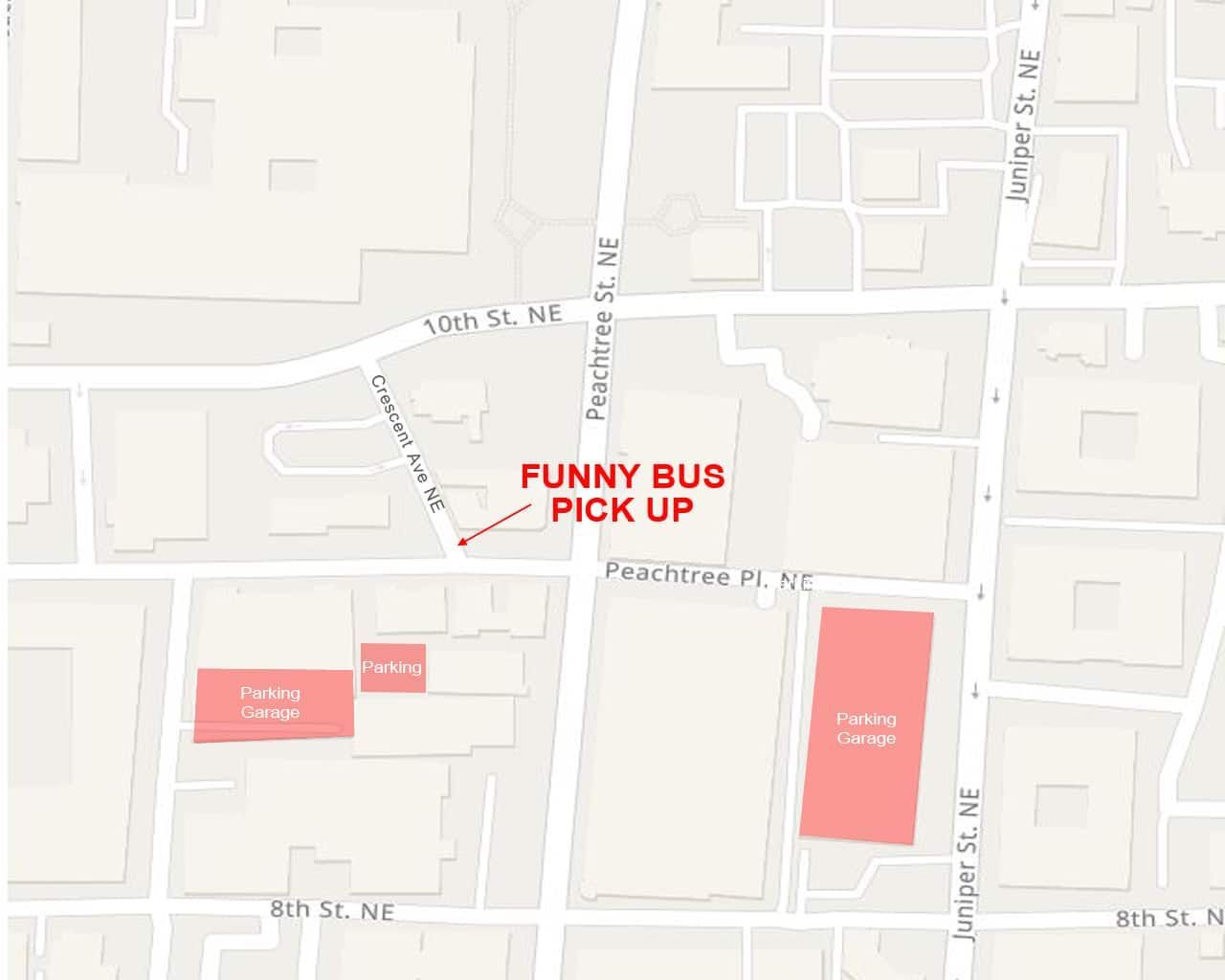 Map showing the Funny Bus pick-up location at the intersection of Peachtree Street NE and Peachtree Place NE.
