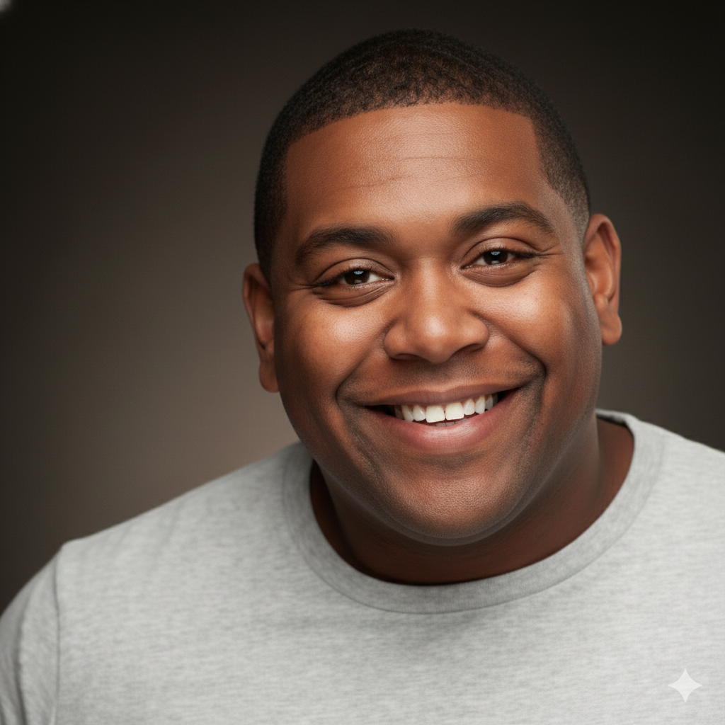 Smiling man with short dark hair in a gray shirt against a blurred background.