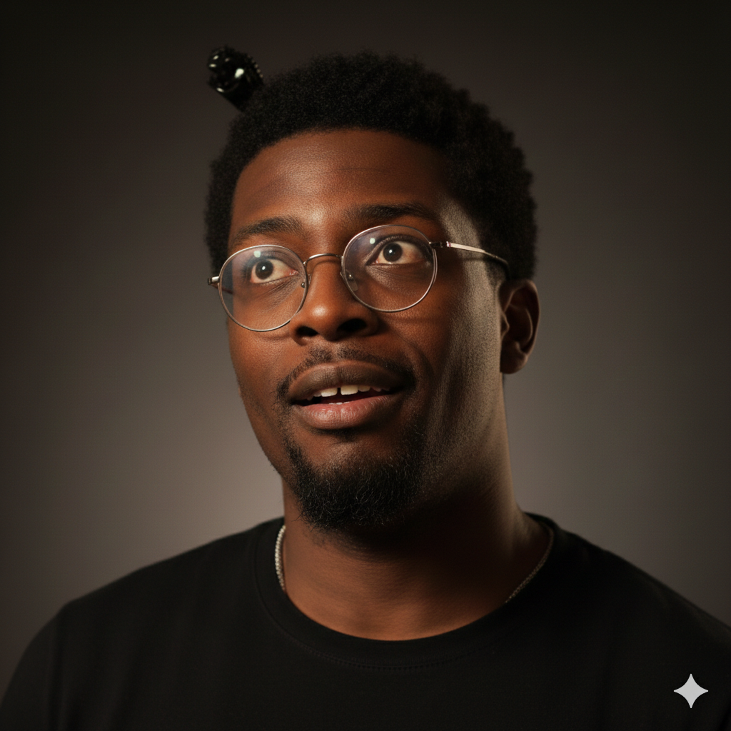 Man with glasses, surprised expression, looking up and to the right. Dark curly hair, black shirt, neutral background.
