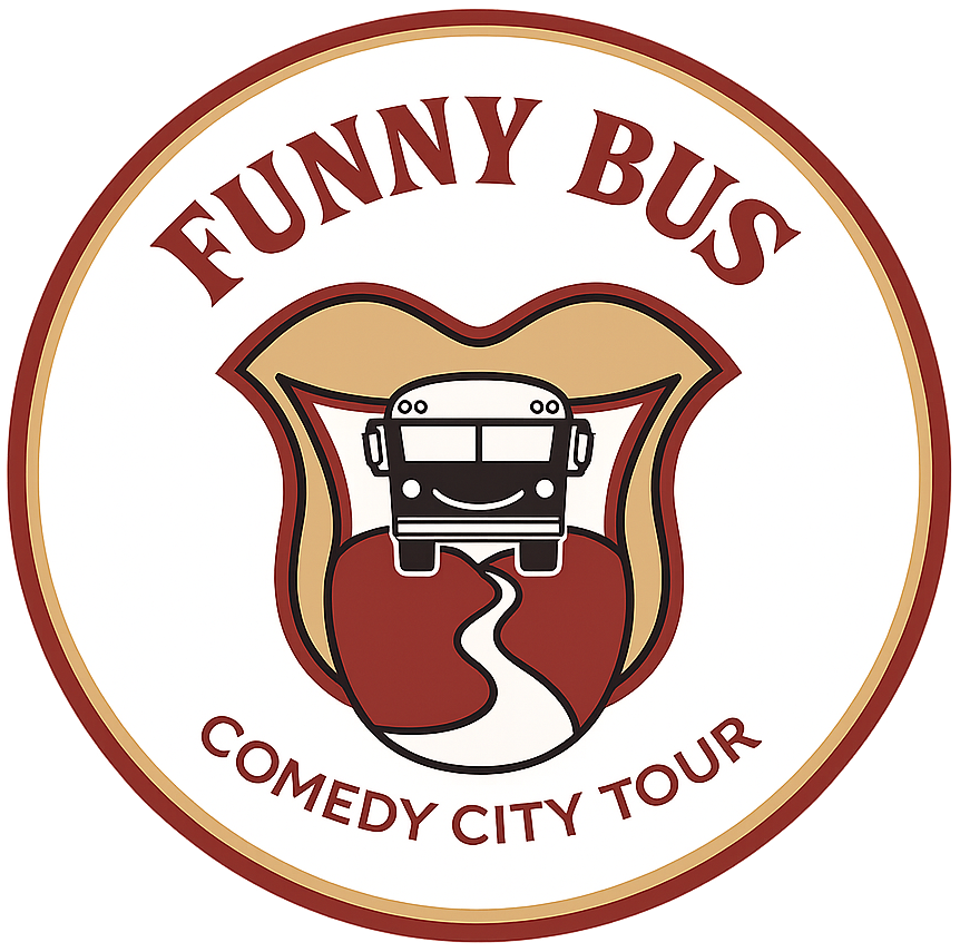 Funny Bus Comedy City Tour logo, a bus within a shield, beige and burgundy, with text “FUNNY BUS” and “COMEDY CITY TOUR”.