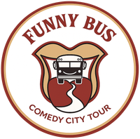 Funny Bus Comedy City Tour logo, a bus within a shield, beige and burgundy, with text “FUNNY BUS” and “COMEDY CITY TOUR”.