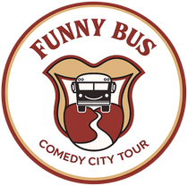 Funny Bus Comedy City Tour logo: a bus inside a shield with text around it, in brown and red.
