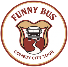 Funny Bus Comedy City Tour logo: a bus inside a shield with text around it, in brown and red.