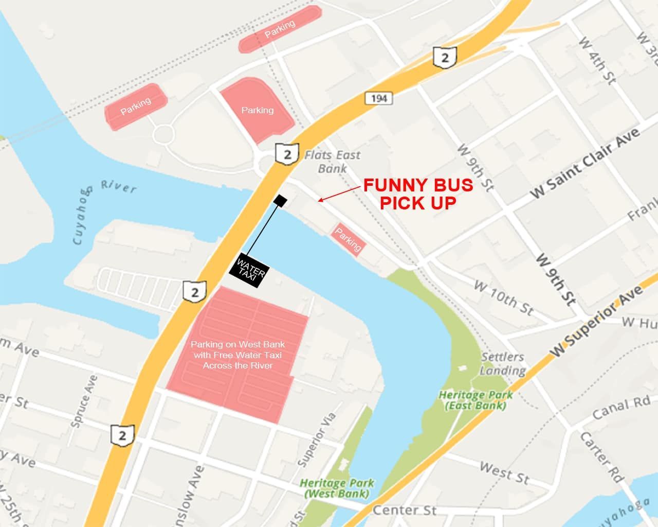A map segment showing the Funny Bus pickup location near the Cuyahoga River and Route 2 in Cleveland.
