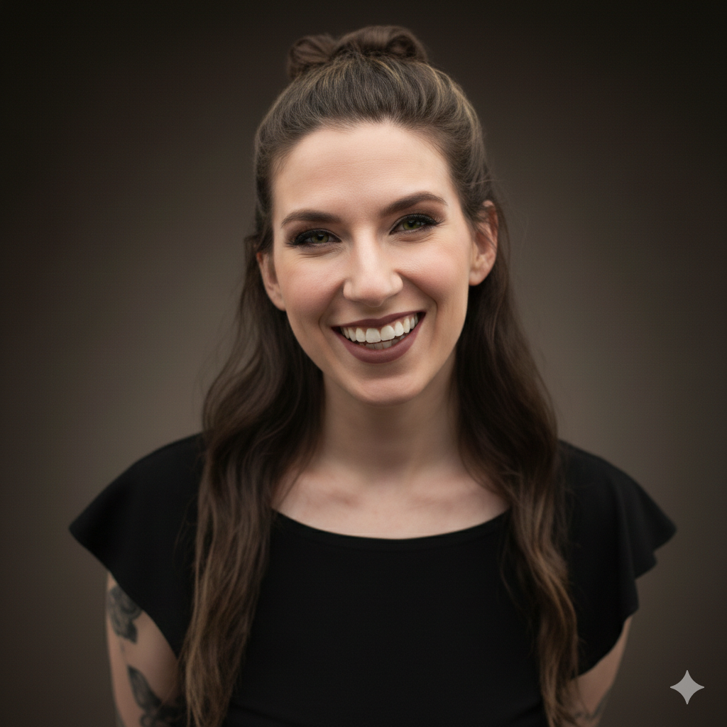 Woman with long dark hair smiles, wearing a black top. Dark background.