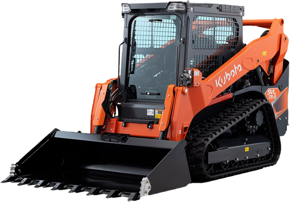 A red and black skid steer loader with a large bucket on a white background.