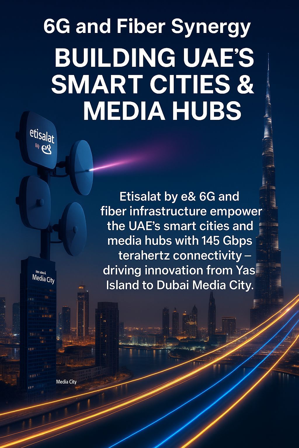 Vertical image of Dubai skyline and Yas Island’s twofour54 creative hub connected by Etisalat by e& 6G terahertz antennas and glowing fiber lines — symbolizing UAE’s 145 Gbps smart city and media hub transformation.