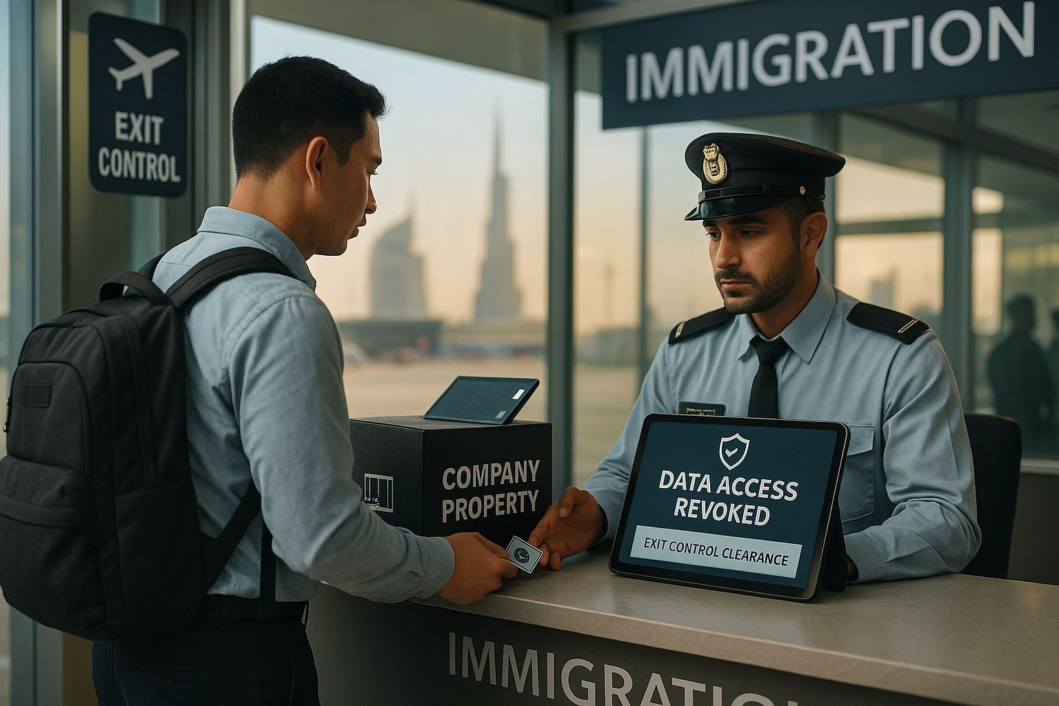 Dubai UAE exit-control process showing employee data access revocation before leaving the country — CALLIT IT INFRASTRUCTURE 2025 security awareness