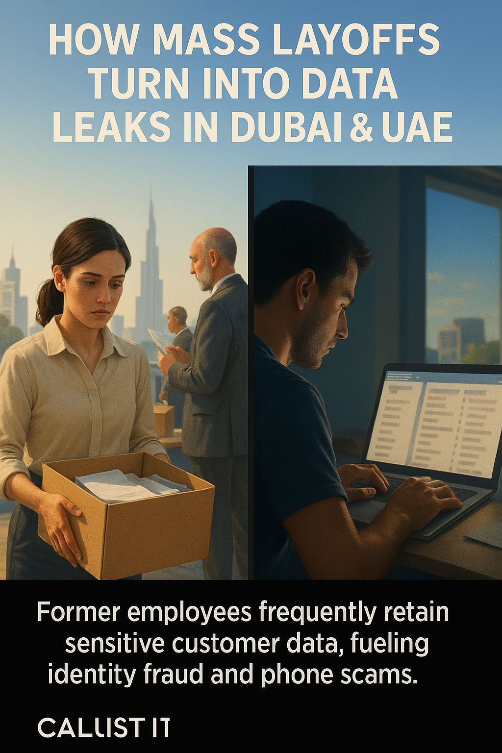 Illustration showing how mass layoffs in Dubai and UAE lead to data leaks, with former employees retaining sensitive customer information — awareness graphic by CALLIT IT INFRASTRUCTURE.