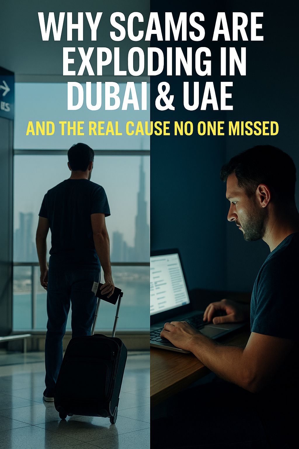 Realistic split-screen image showing how former employees leave Dubai and the UAE with stolen customer data and later misuse it abroad for scam operations — awareness by CALLIT IT INFRASTRUCTURE.