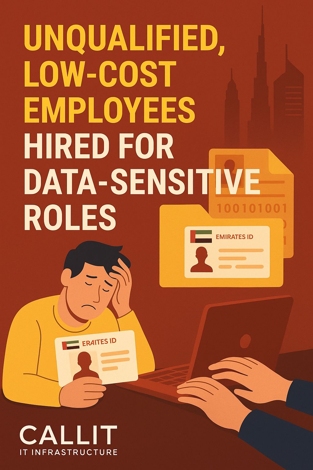 nfographic showing how unqualified low-cost employees in Dubai and UAE gain access to sensitive customer data, contributing to rising scam incidents — created by CALLIT IT INFRASTRUCTURE.
