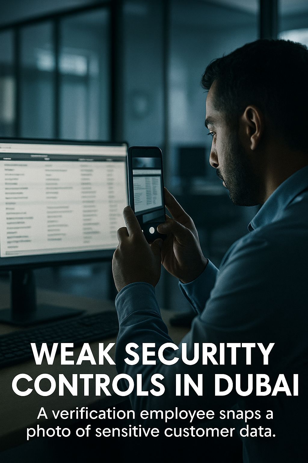 Office employee in Dubai secretly capturing sensitive customer data due to weak internal controls, illustrating how data theft fuels scam operations in the UAE — CALLIT IT INFRASTRUCTURE.