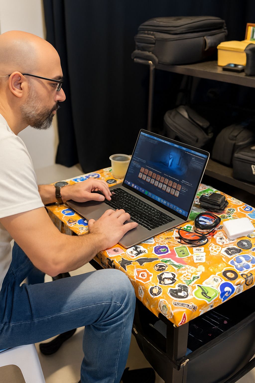 Digital Imaging Technician working on set in Dubai managing camera media files on a MacBook Pro for professional video production workflow.
