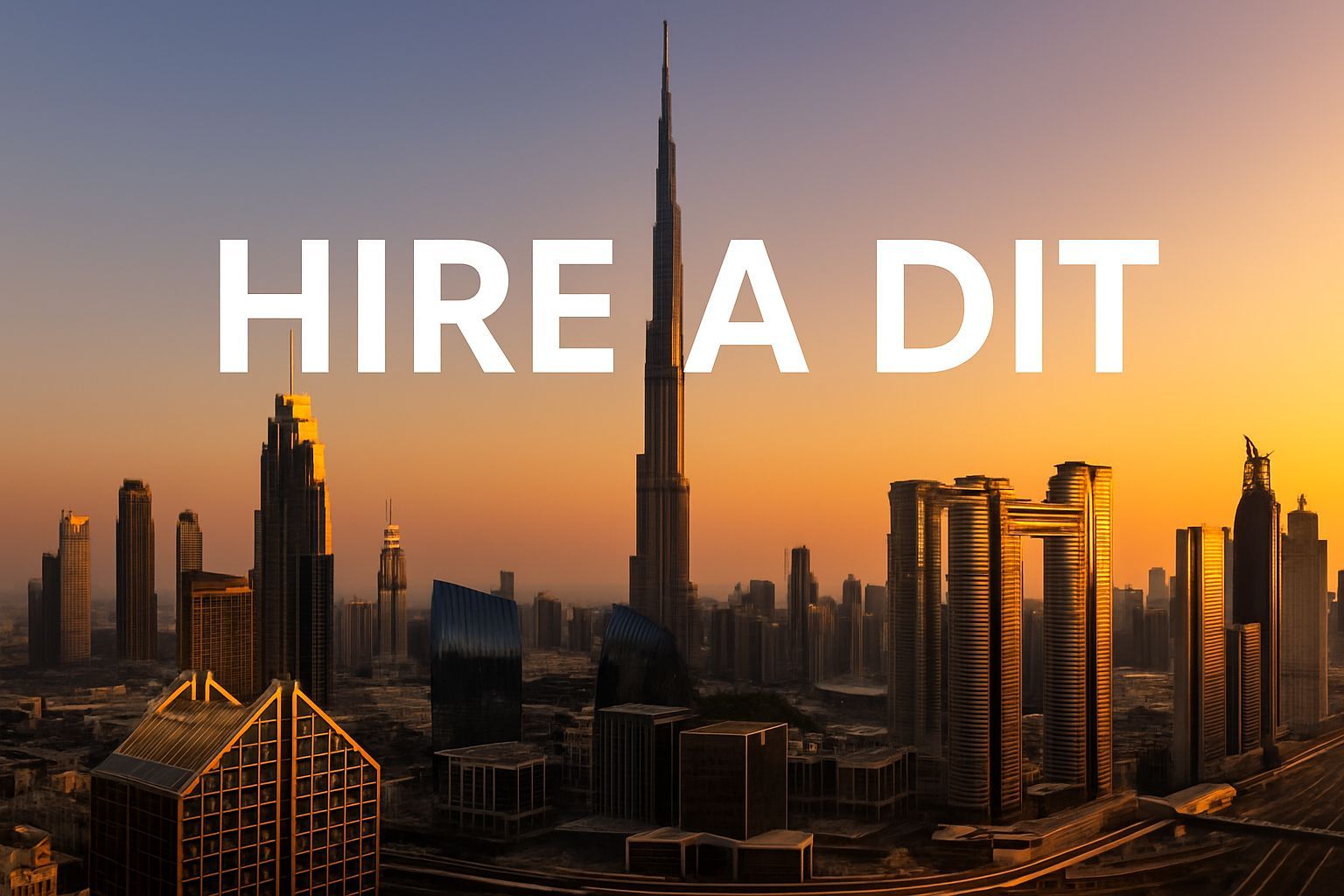Dubai skyline at golden hour with the Burj Khalifa in focus and bold text reading “Hire a DIT,” representing professional on-set digital imaging technician services in Dubai.