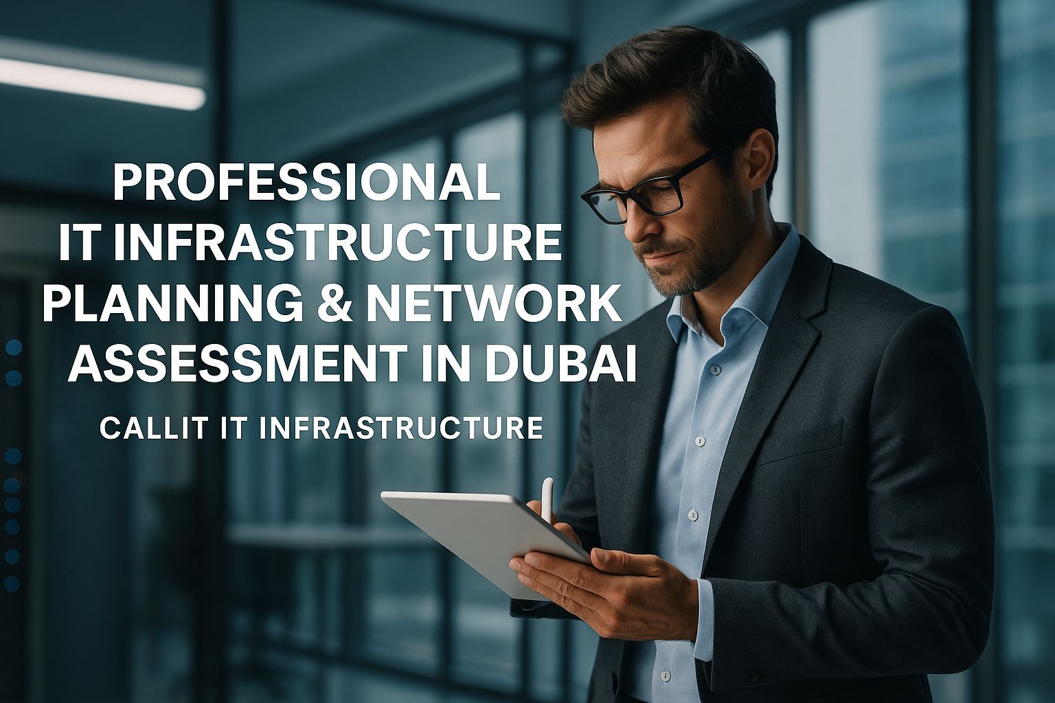 A professional IT engineer analyzing structured cabling plans on a laptop, standing in front of a modern server rack. The scene represents IT infrastructure planning, network assessment, and structured cabling consultation services in Dubai.