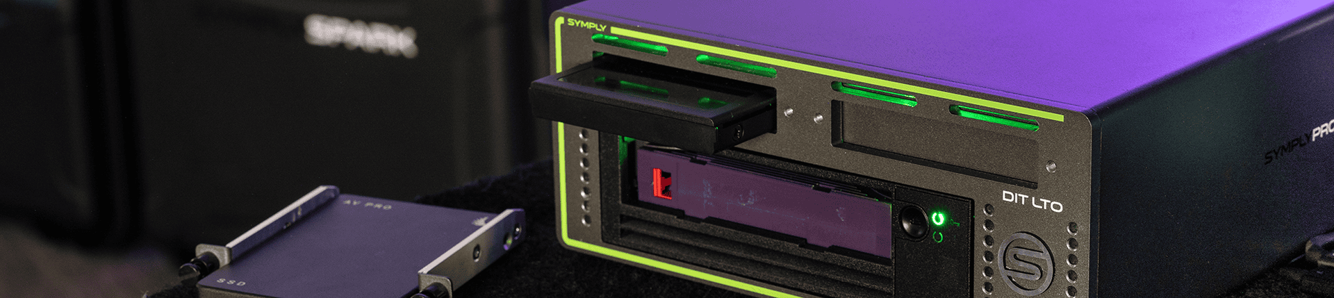 Symply LTO drive in action with tape cartridge inserted