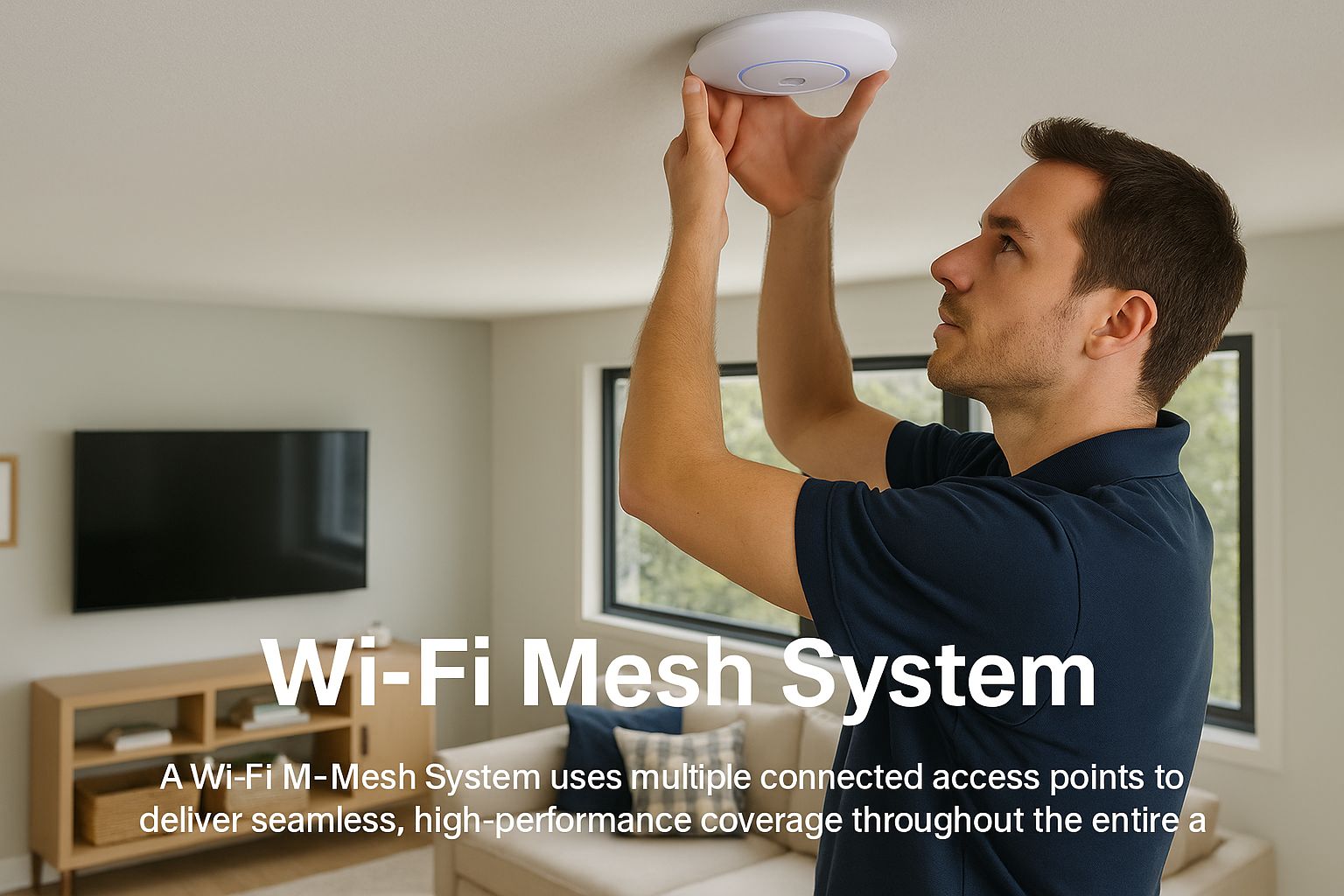 A spacious modern office with seamless Wi-Fi mesh system coverage, showing ceiling-mounted access points and professionals working with laptops in a bright, connected environment.