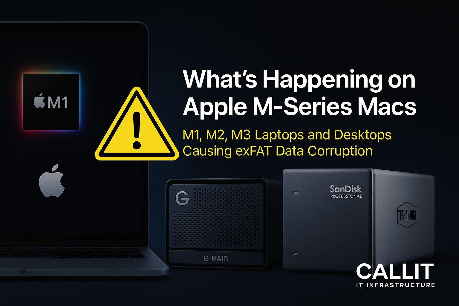 Apple M-Series Mac laptop connected to SanDisk G-RAID, SanDisk Professional, and TerraMaster drives with yellow warning icon — illustrating exFAT data corruption issues on Apple M-Series Macs, CALLIT IT INFRASTRUCTURE UAE.