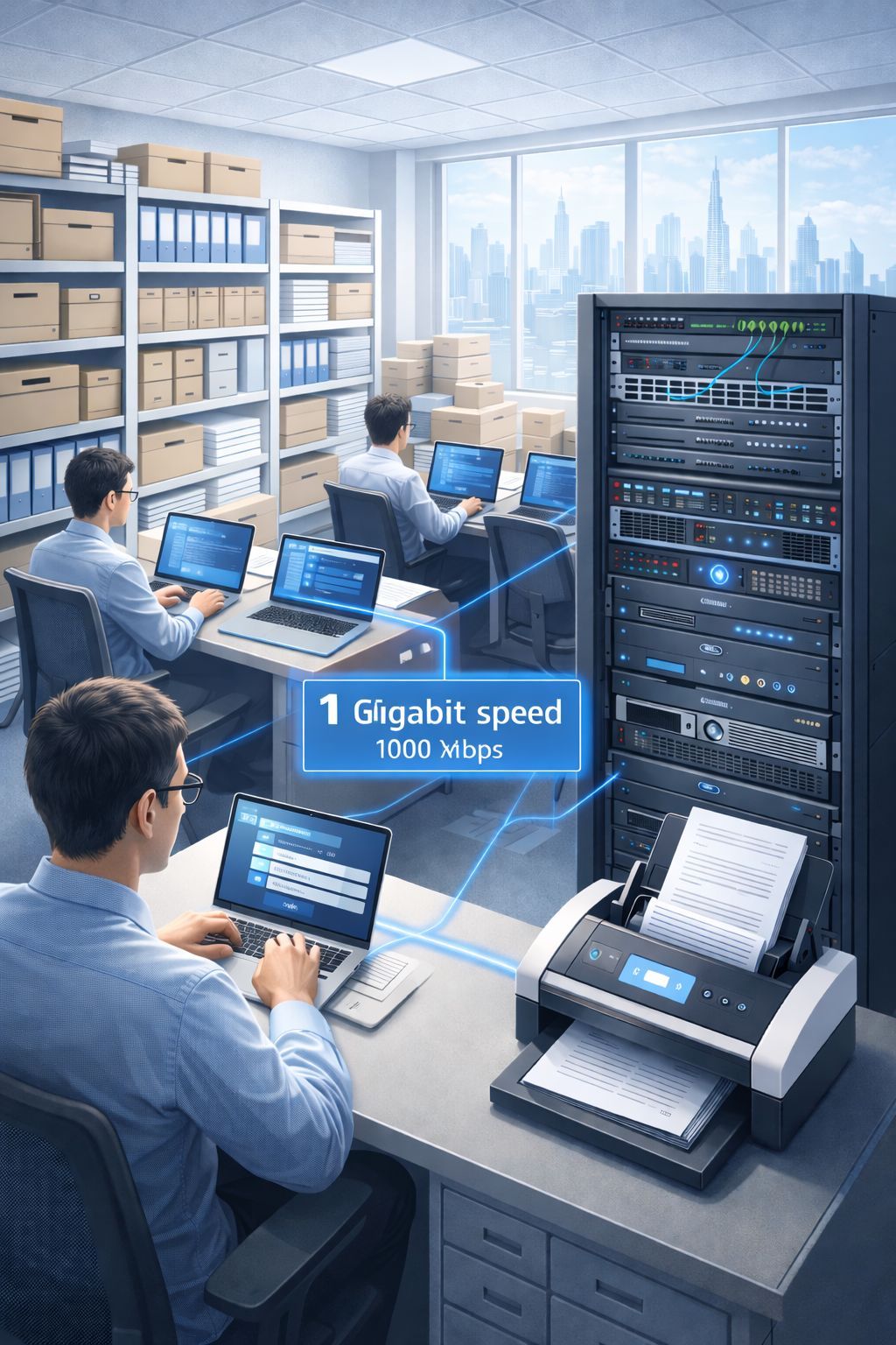 archiving infrastructure in Dubai document archive room shelves boxes records management 42U rack cabinet server network 1 gigabit speed enterprise archiving system CALLIT IT INFRASTRUCTURE UAE