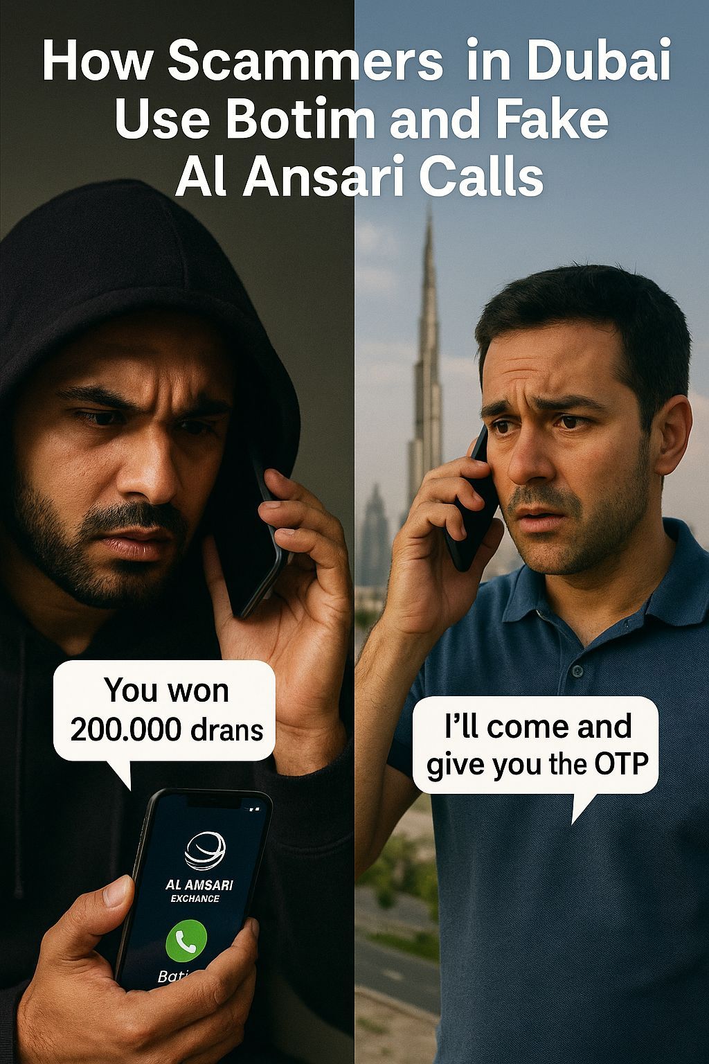 Dubai awareness image showing a scammer impersonating Al Ansari on a Botim call while a UAE resident reacts, created by CALLIT IT INFRASTRUCTURE to warn about Botim OTP fraud.