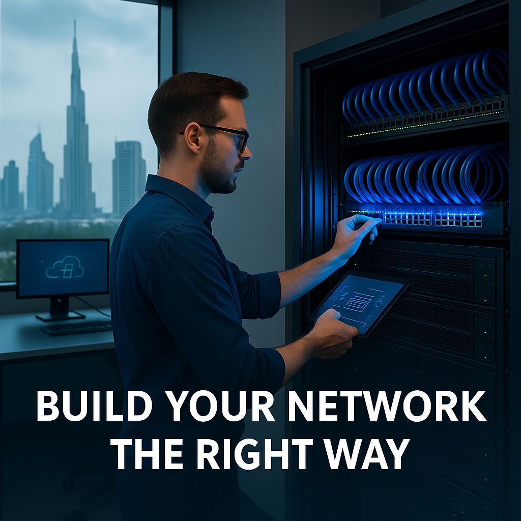 Professional engineer connecting cables to a network cabinet in a Dubai office with Burj Khalifa skyline — CALLIT IT INFRASTRUCTURE designs reliable and high-performance IT networks for startups and new companies in Dubai and the UAE.