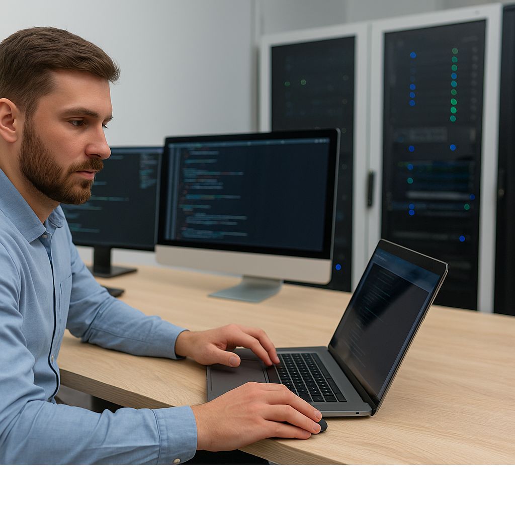 IT support technician working in a modern Dubai office, managing computers and network systems under CALLIT IT INFRASTRUCTURE — fast-response business IT support services.