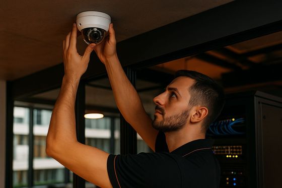 Technician installing a CCTV security camera in a modern Dubai office — CALLIT IT INFRASTRUCTURE professional CCTV installation and surveillance services.