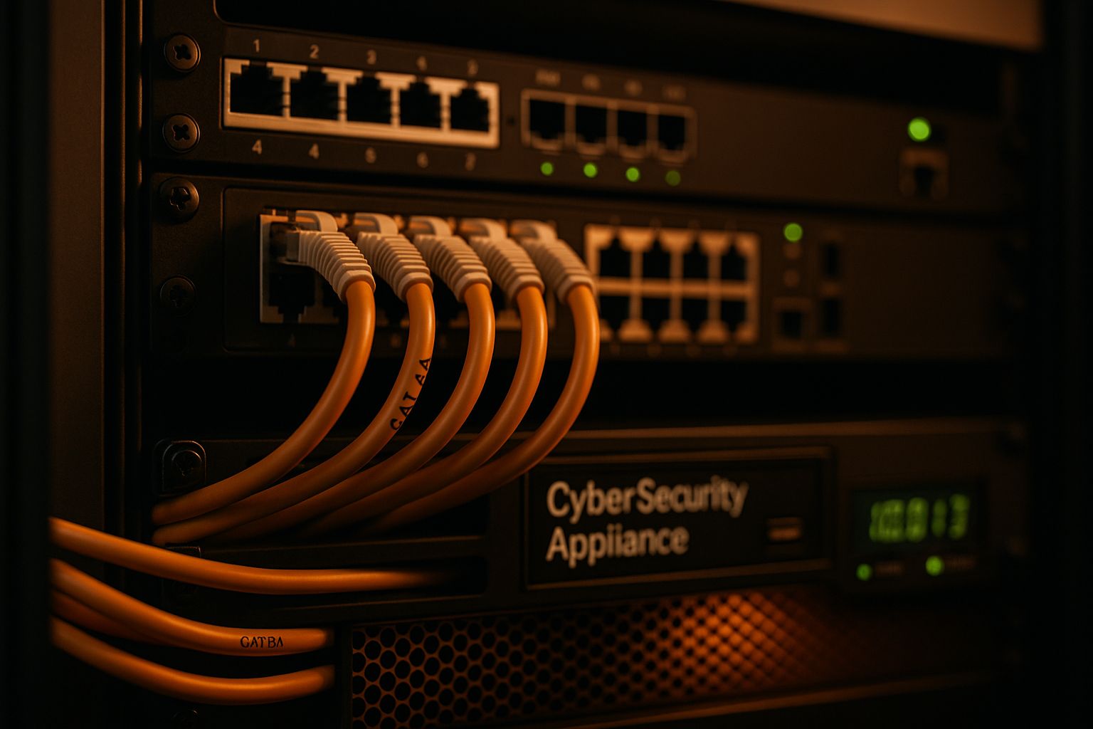 Enterprise firewall and cybersecurity appliance with labeled CAT6A cables inside a modern network rack in Dubai — CALLIT IT INFRASTRUCTURE.