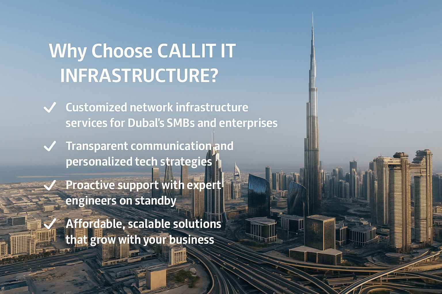 A stunning aerial view of Dubai skyline with the Burj Khalifa and surrounding towers under warm copper lighting, representing CALLIT IT INFRASTRUCTURE’s modern network connectivity across the city.