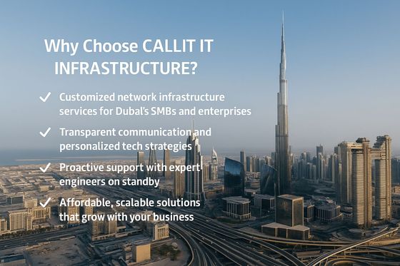 A stunning aerial view of Dubai skyline with the Burj Khalifa and surrounding towers under warm copper lighting, representing CALLIT IT INFRASTRUCTURE’s modern network connectivity across the city.