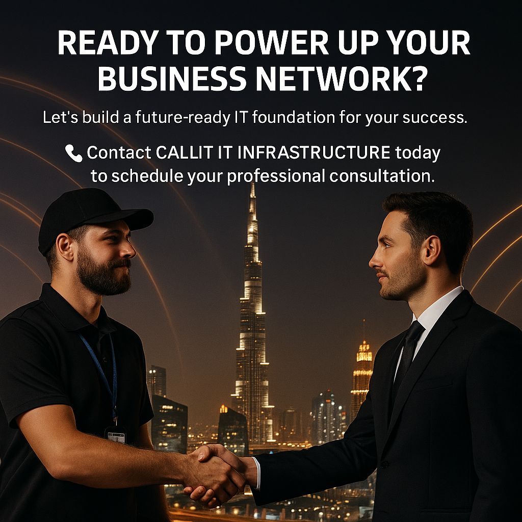 CALLIT IT INFRASTRUCTURE engineer shaking hands with a business client in front of the Burj Khalifa, symbolizing trusted IT partnerships and network solutions in Dubai.