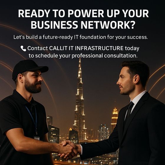 CALLIT IT INFRASTRUCTURE engineer shaking hands with a business client in front of the Burj Khalifa, symbolizing trusted IT partnerships and network solutions in Dubai.