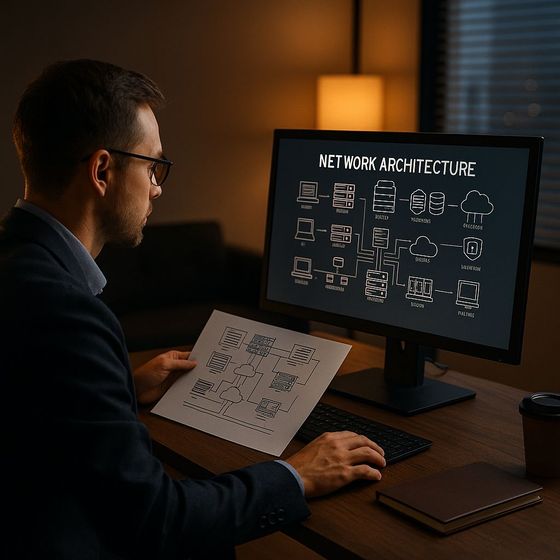 IT consultant analyzing network architecture and infrastructure design plans in a modern Dubai office — CALLIT IT INFRASTRUCTURE.