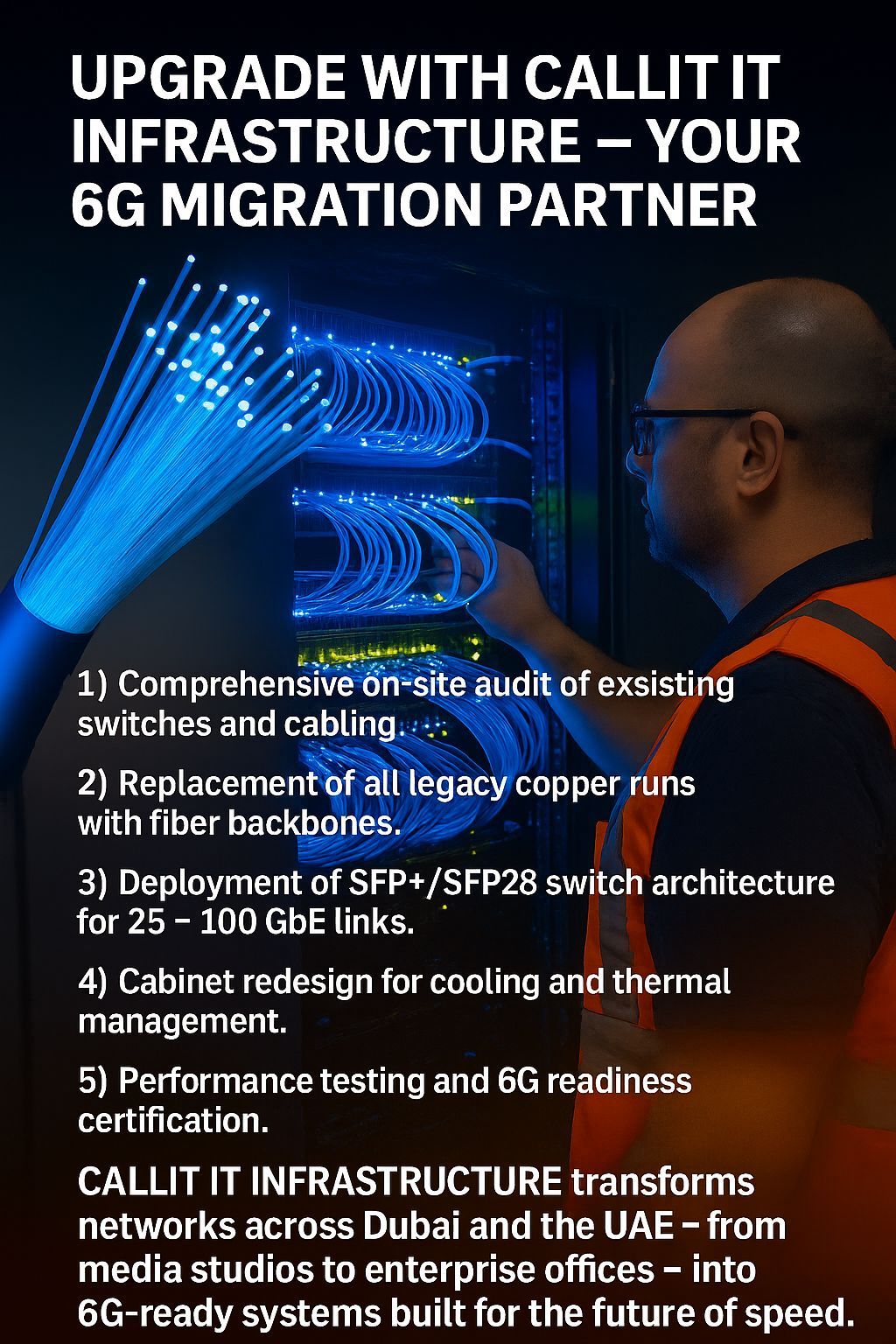 CALLIT IT INFRASTRUCTURE engineers performing a full 6G migration upgrade in Dubai, showcasing advanced fiber optic cabling, SFP+/SFP28 switch deployment, and precision thermal-managed cabinets for enterprise network transformation.