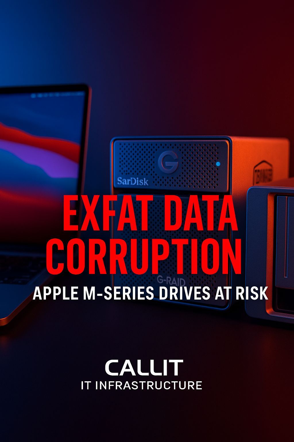 Apple M-Series Mac with SanDisk G-RAID and TerraMaster drives beside red warning text “exFAT Data Corruption – Apple M-Series Drives at Risk” — CALLIT IT INFRASTRUCTURE UAE.