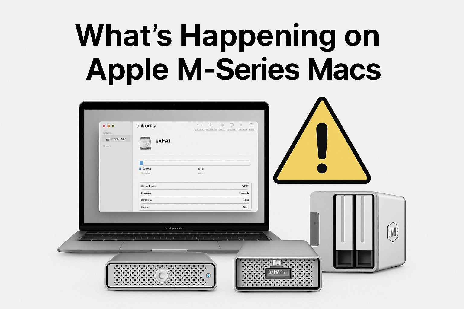 Apple M-Series MacBook Pro connected to SanDisk G-RAID and TerraMaster drives showing split view of data integrity vs corruption — CALLIT IT INFRASTRUCTURE explaining why exFAT is a hidden risk for Apple M-Series Macs in the UAE.