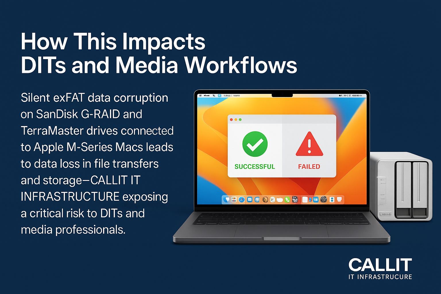 CALLIT IT INFRASTRUCTURE illustration showing data corruption on Apple M-Series MacBook Pro connected to SanDisk G-RAID and TerraMaster drives, highlighting data loss risks for DITs and media workflows in the UAE.