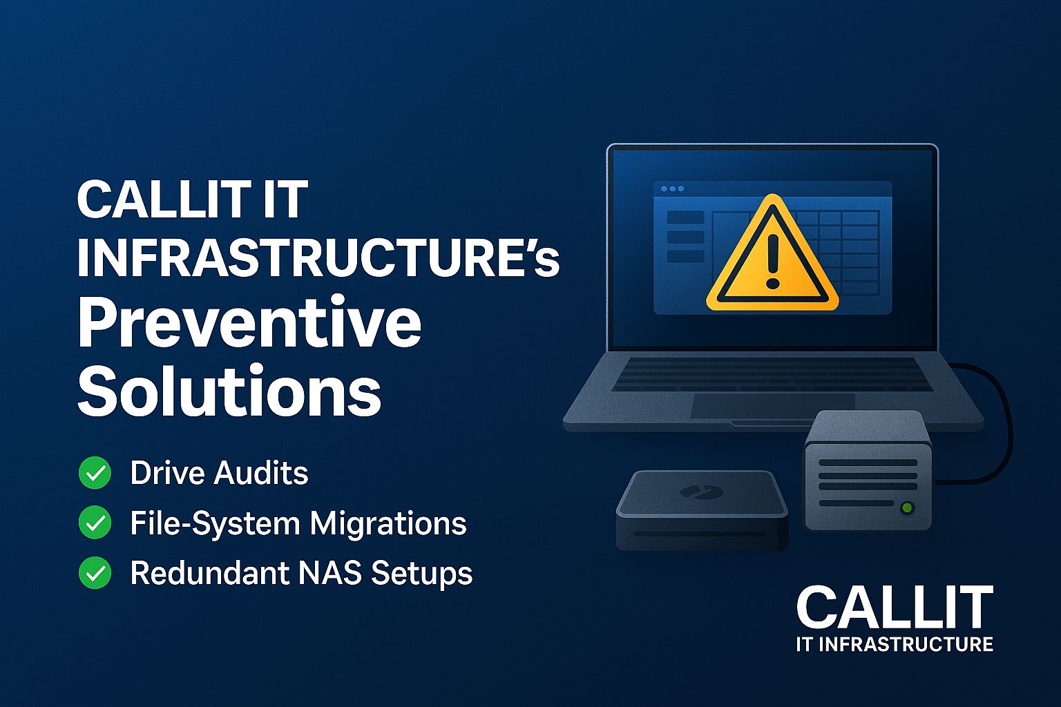 Apple M-Series MacBook with external drives displaying warning symbol and checklist for drive audits, file-system migrations, and NAS backups — CALLIT IT INFRASTRUCTURE preventive solutions UAE.