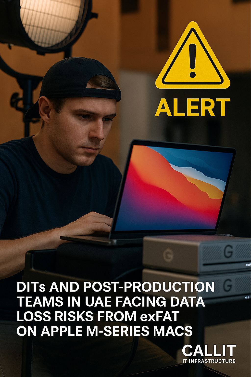 Digital Imaging Technician (DIT) on set using Apple M-Series MacBook Pro with G-RAID drives, highlighting exFAT data loss risks — CALLIT IT INFRASTRUCTURE UAE.