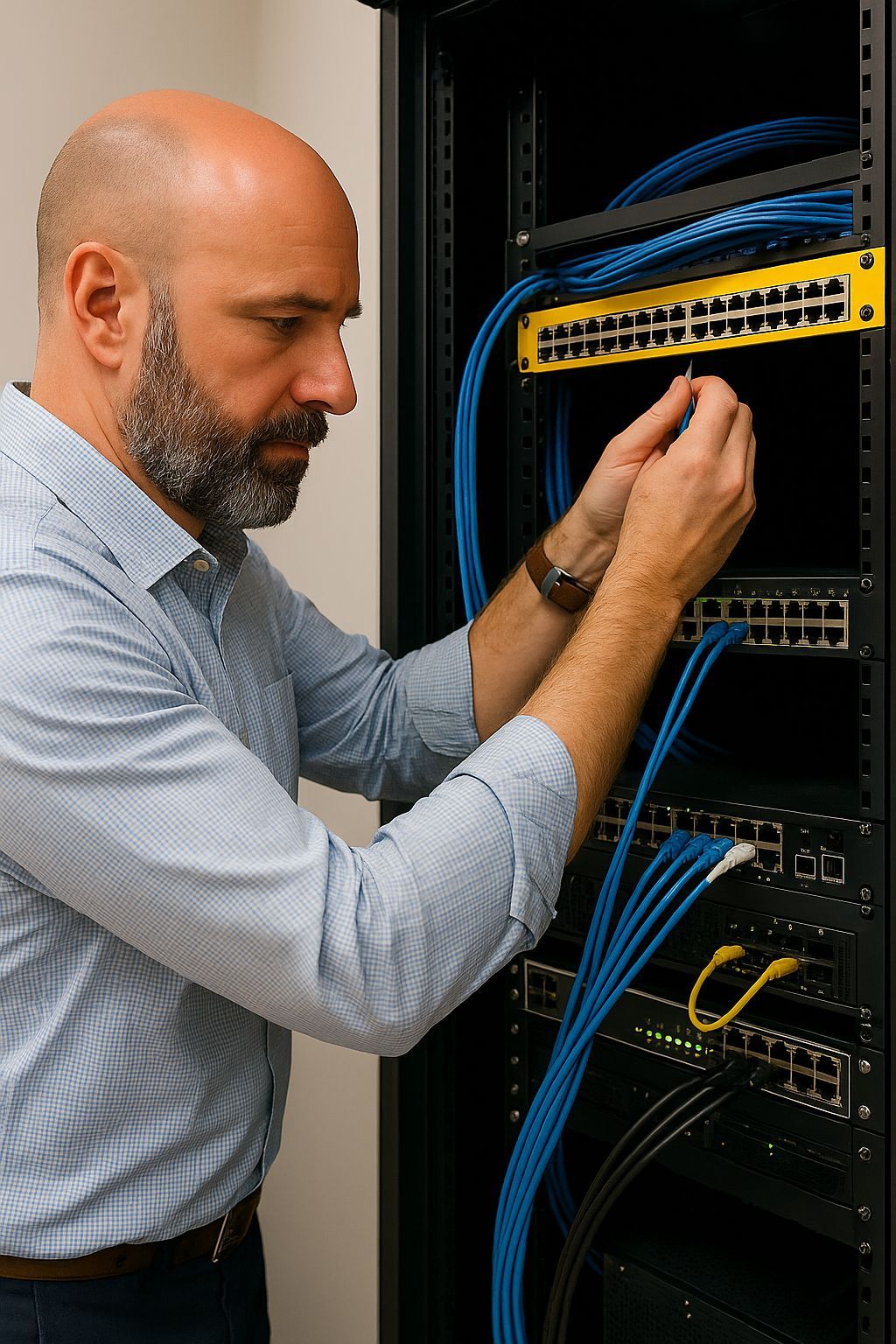 Network Infrastructure Specialist installing CAT6A cable into a structured patch panel inside a server cabinet in Dubai, showcasing professional network wiring and startup-ready office infrastructure.