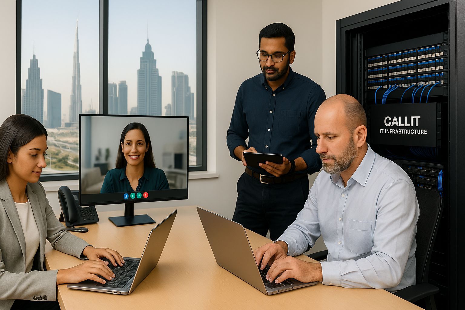Dubai startup office using fast, stable, and professionally designed network infrastructure by CALLIT IT INFRASTRUCTURE, featuring fiber connectivity, optimized Wi-Fi, and smooth cloud performance.